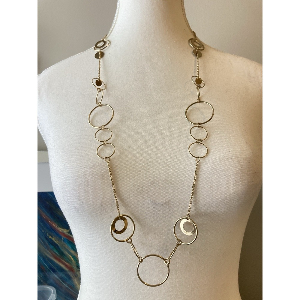 Gold Tone Long Geometric Circle Linkโ Necklace Minimalist Modern Abstract